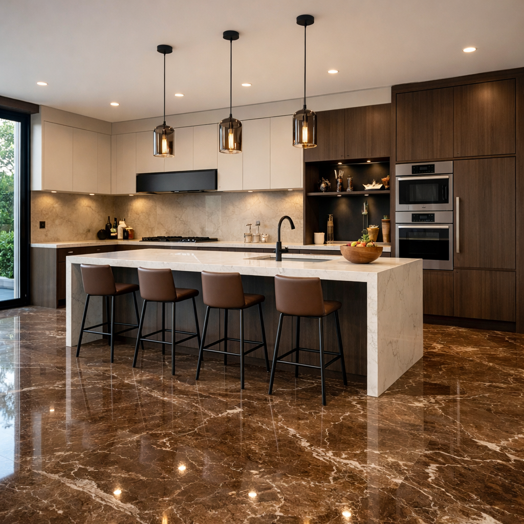 A modern kitchen featuring brown marble flooring with sleek cabinets and stylish lighting.