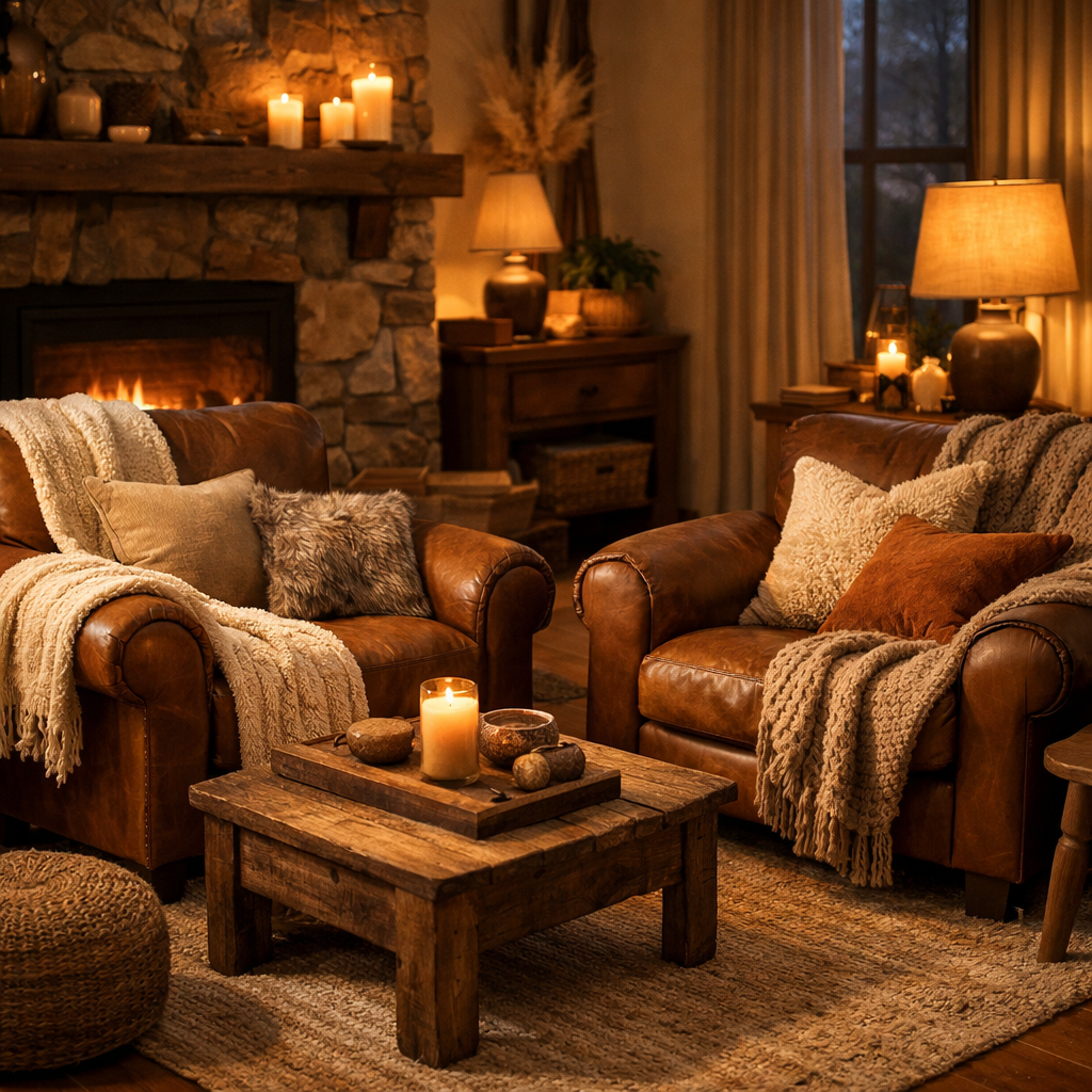 A cozy living room featuring brown leather chairs, warm lighting, and soft textiles.