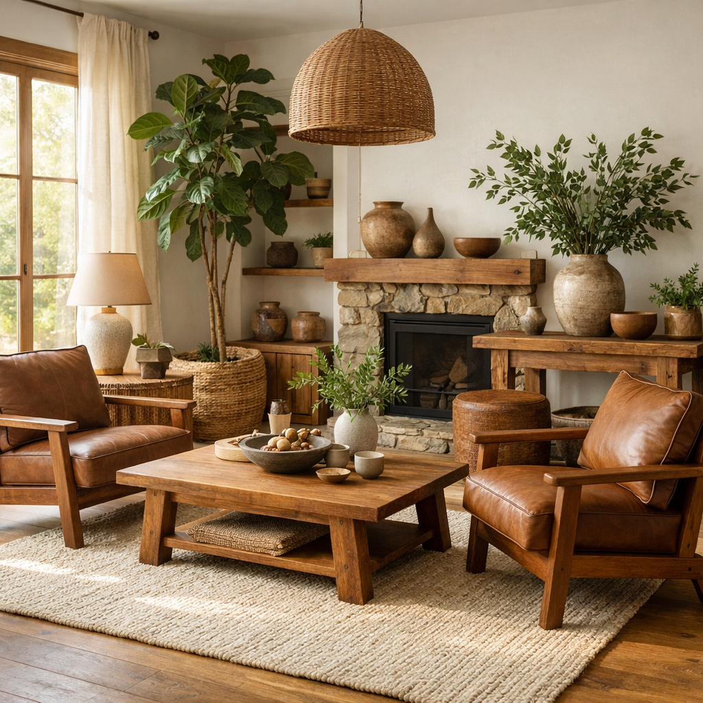 A cozy living room featuring brown leather chairs, a wooden coffee table, and various natural decor elements.