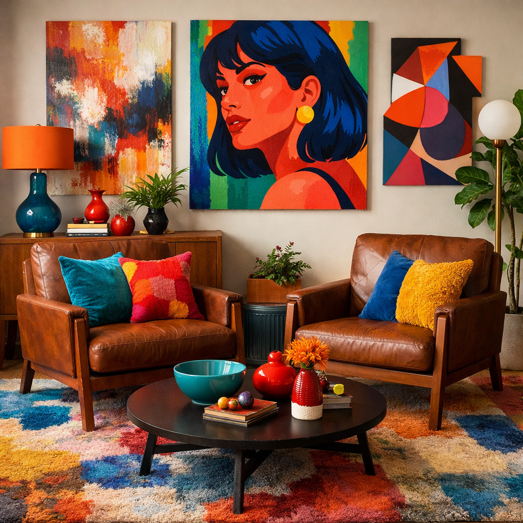 A cozy living room with brown chairs, colorful cushions, bold artwork, and a vibrant rug.