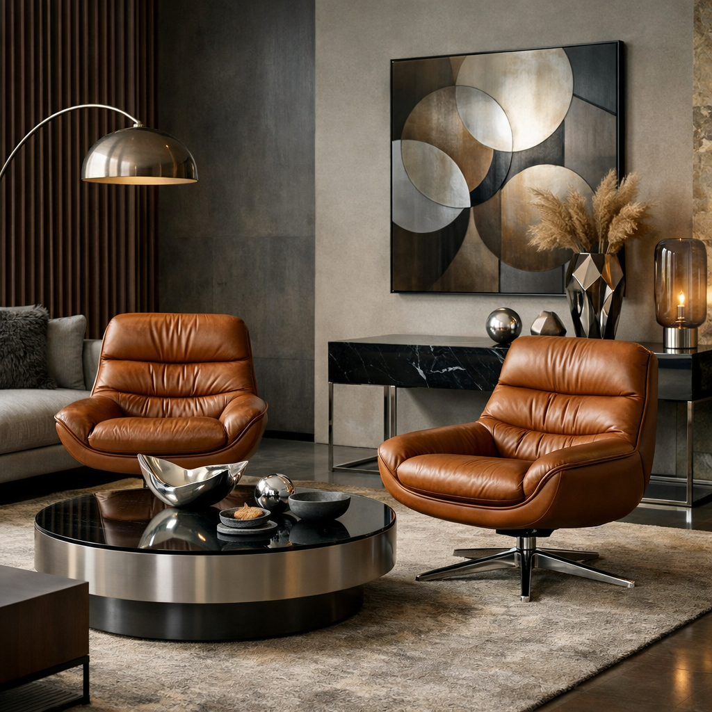 A contemporary living room featuring brown lounge chairs with metallic accents, a round coffee table, and modern decor.