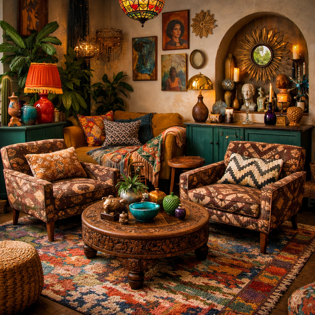 A cozy living room featuring patterned brown chairs, colorful decorations, and lush plants.