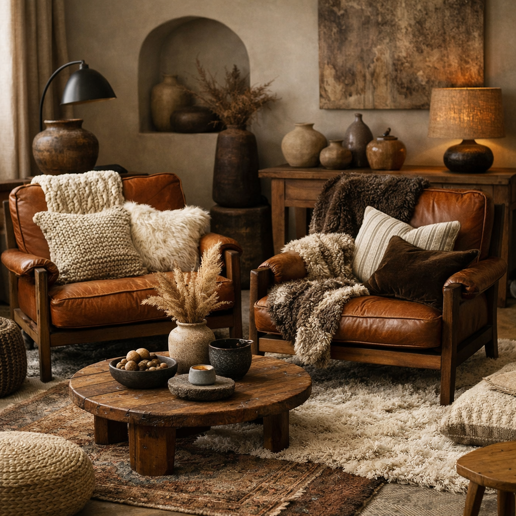 Cozy living room with brown leather chairs, cushions, and textured decor.