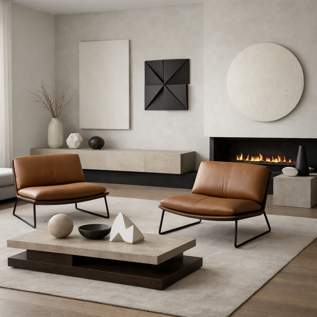 Living room featuring modern minimalist design with brown chairs, geometric decorations, and a stylish fireplace.