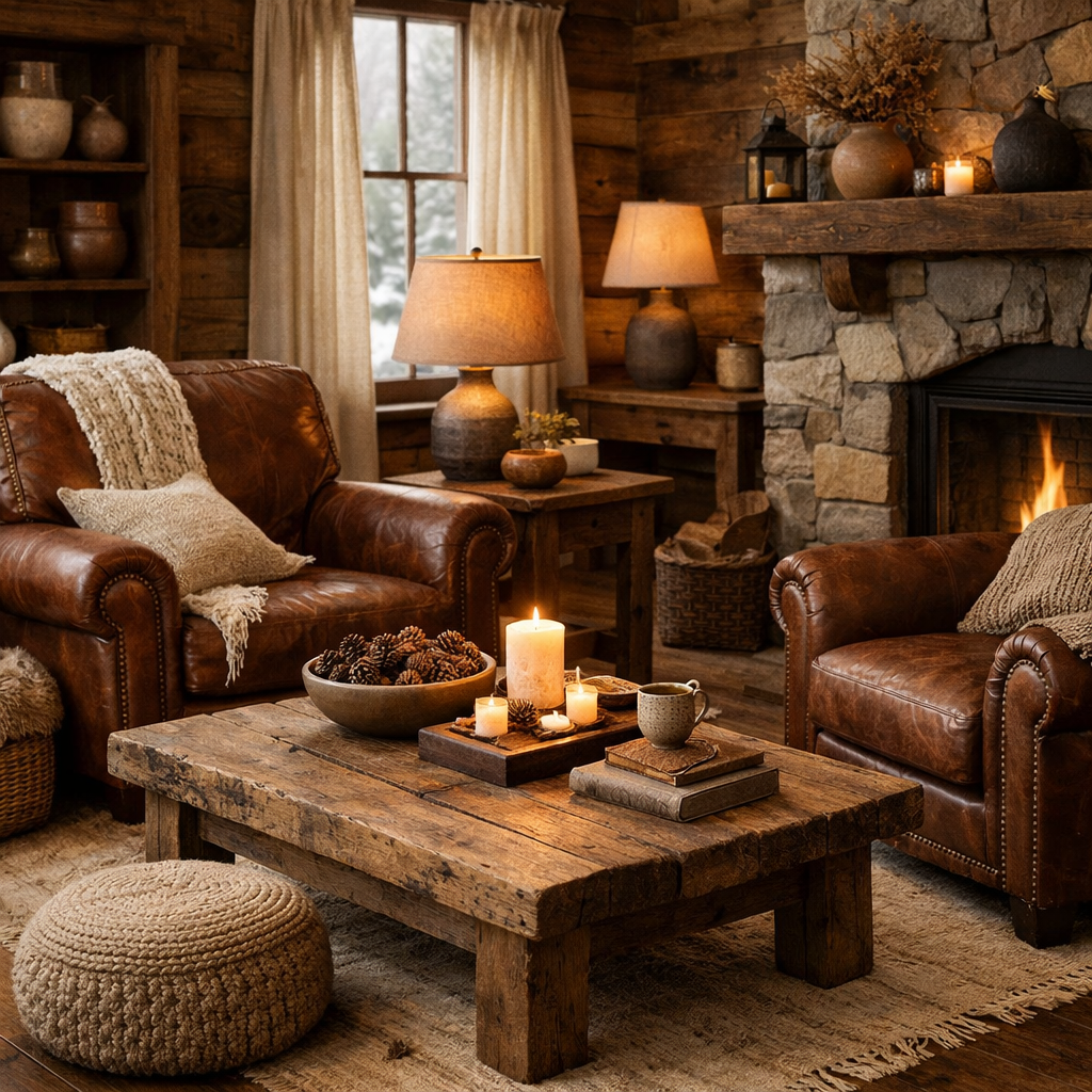 Rustic living room featuring brown leather chairs, a wooden coffee table with candles and pinecones, and a stone fireplace