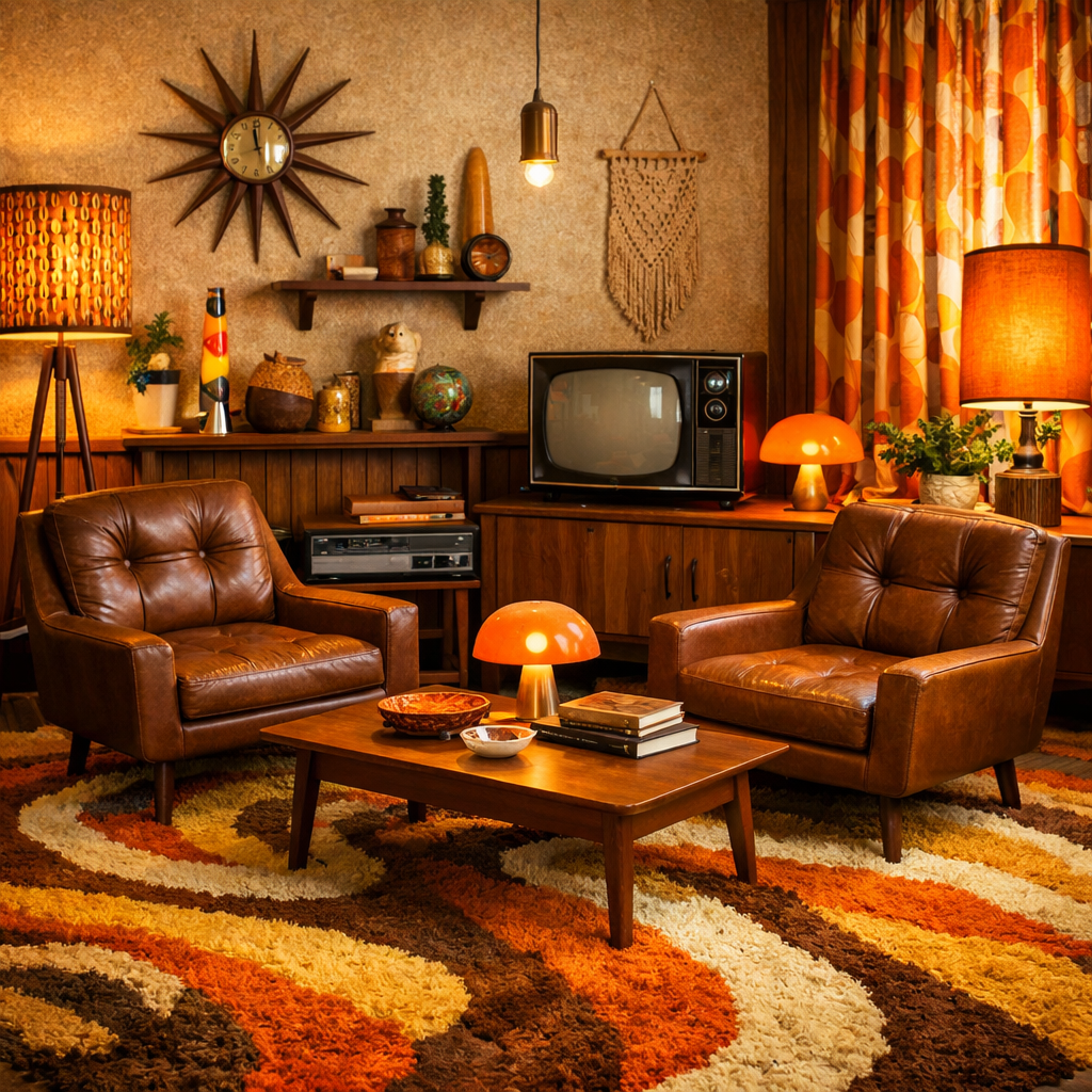 A cozy retro living room featuring vintage brown chairs, a wooden coffee table, and vibrant decor.