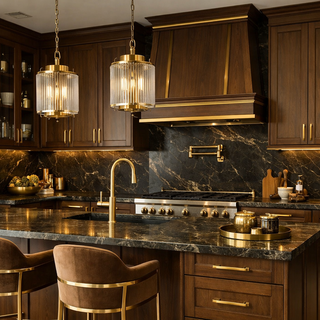 A luxurious brown kitchen featuring gold metallic details in lighting and fixtures.