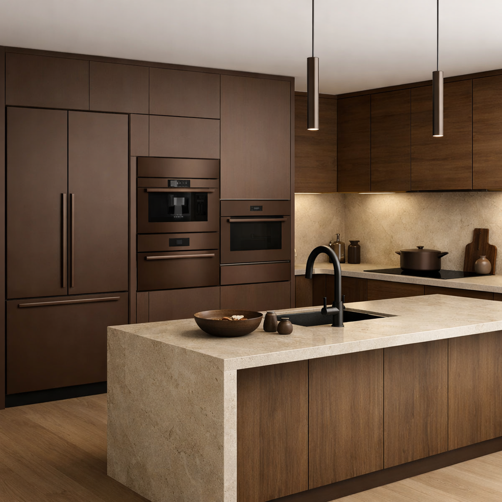 A modern kitchen featuring brown appliances and cabinetry, highlighting a sleek and inviting design.