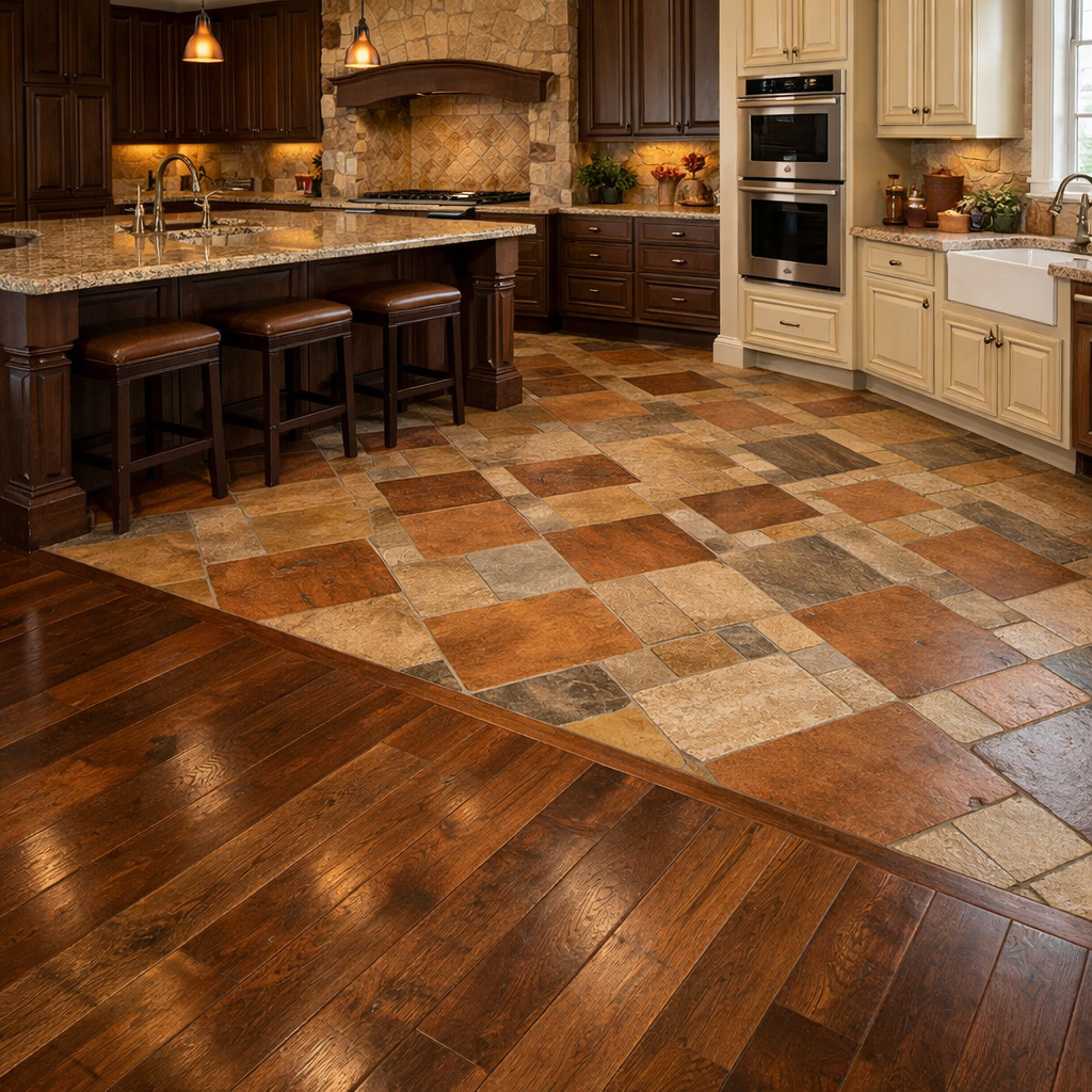 A warm kitchen with a mix of wooden and stone tile flooring in shades of brown.