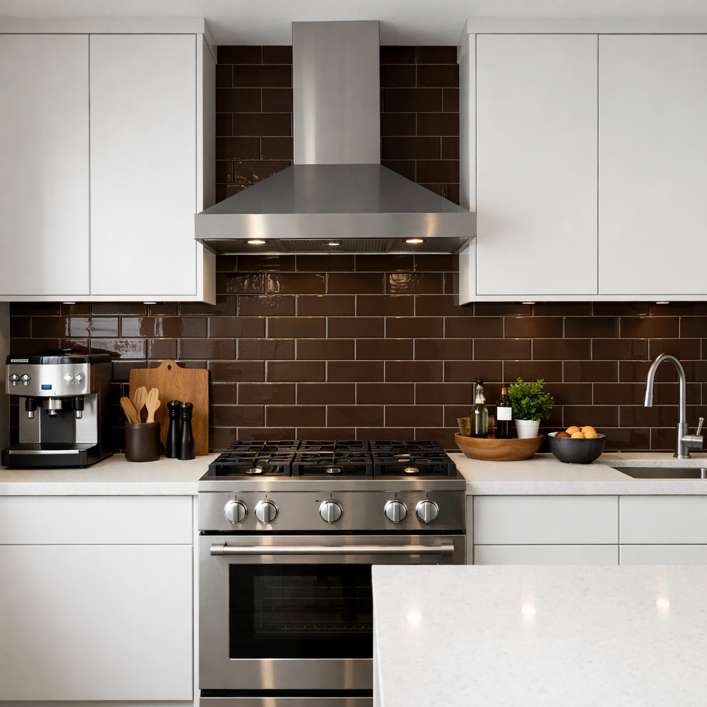 Modern kitchen featuring a chocolate brown backsplash, stainless steel appliances, and white cabinetry.