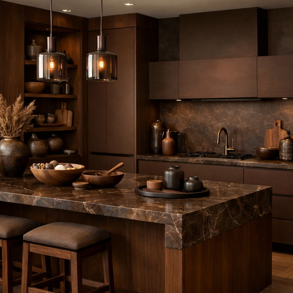 A brown kitchen with multiple shades and textures, featuring wooden cabinetry, a marbled countertop, and stylish lighting.
