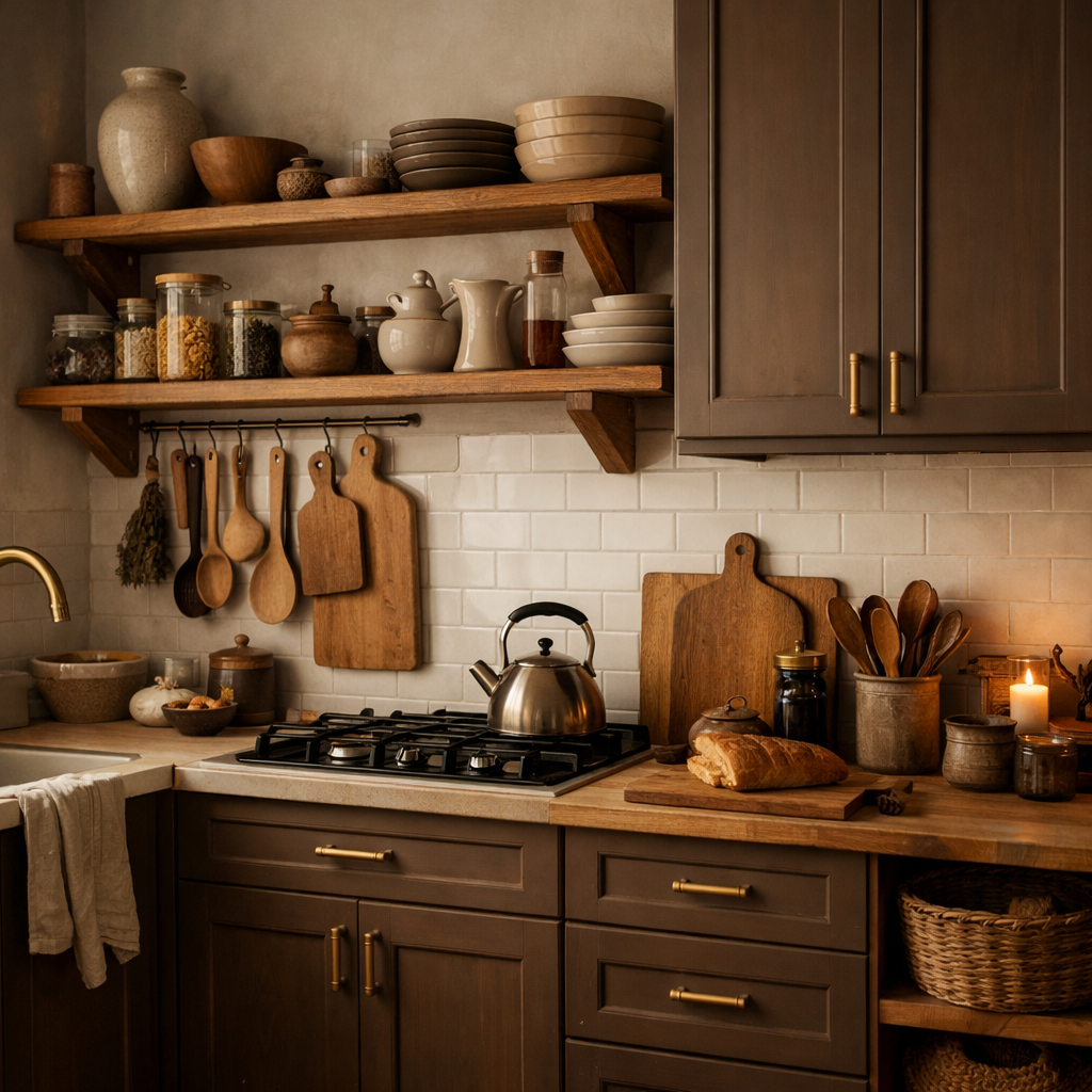 A cozy brown kitchen with natural wood accents, open shelving, and rustic decor elements.
