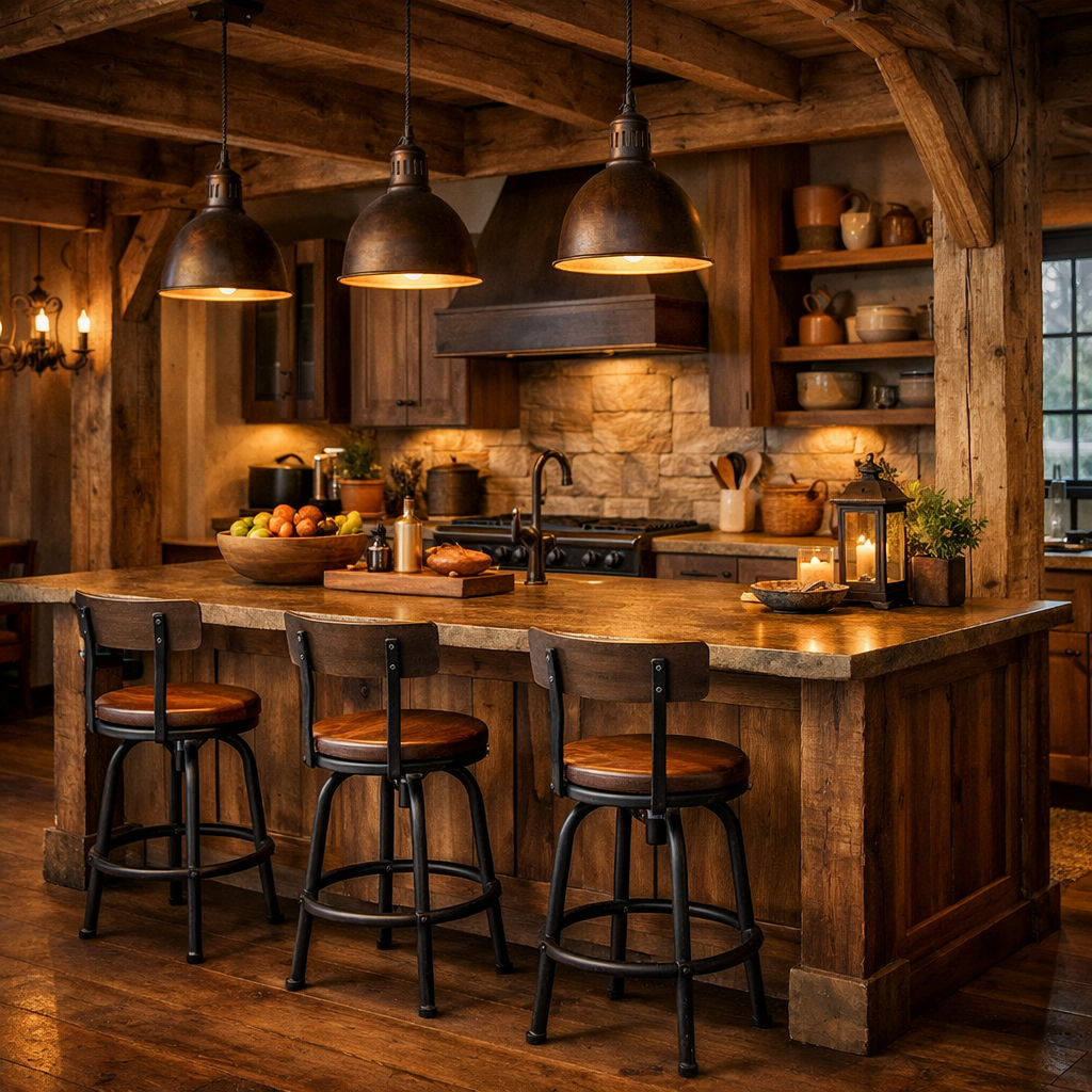 A rustic brown kitchen island with seating and warm lighting