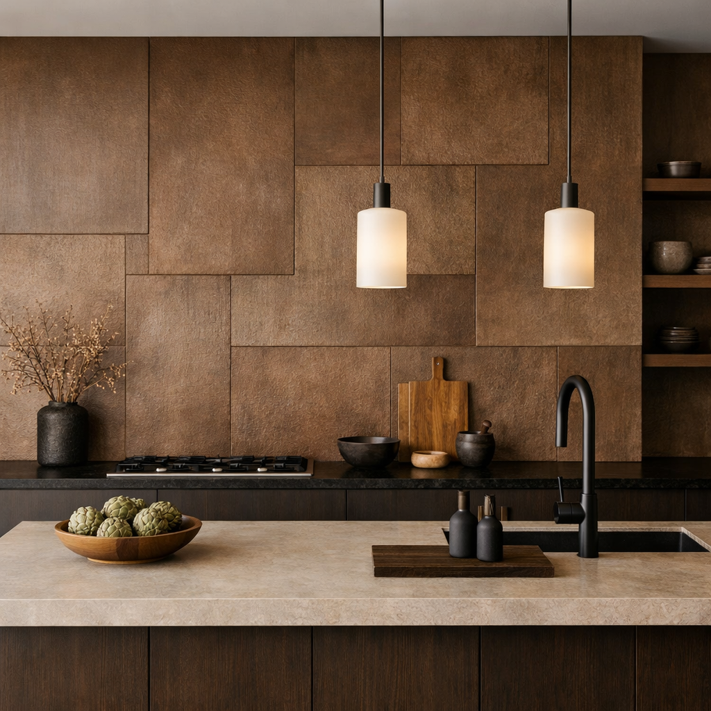 A modern kitchen with textured brown wall panels, sleek countertop, and stylish lighting.