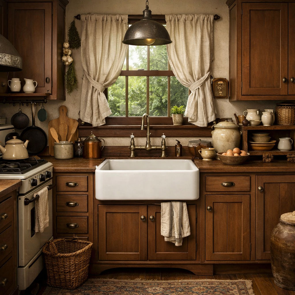 Cozy kitchen with brown shaker style cabinets, white farmhouse sink, and rustic decor