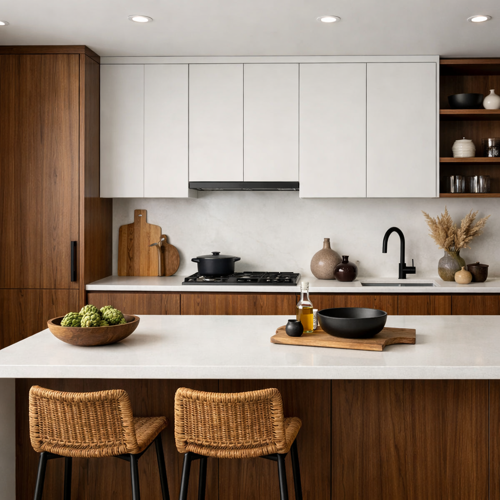 An elegant kitchen featuring a two-tone cabinet design with brown lower cabinets and white upper cabinets, showcasing a stylish and modern aesthetic.