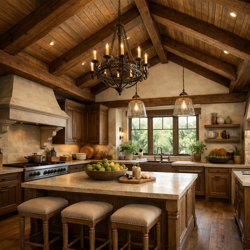 A warm kitchen featuring brown wood beams, vaulted ceilings, and a central island with fresh fruits.