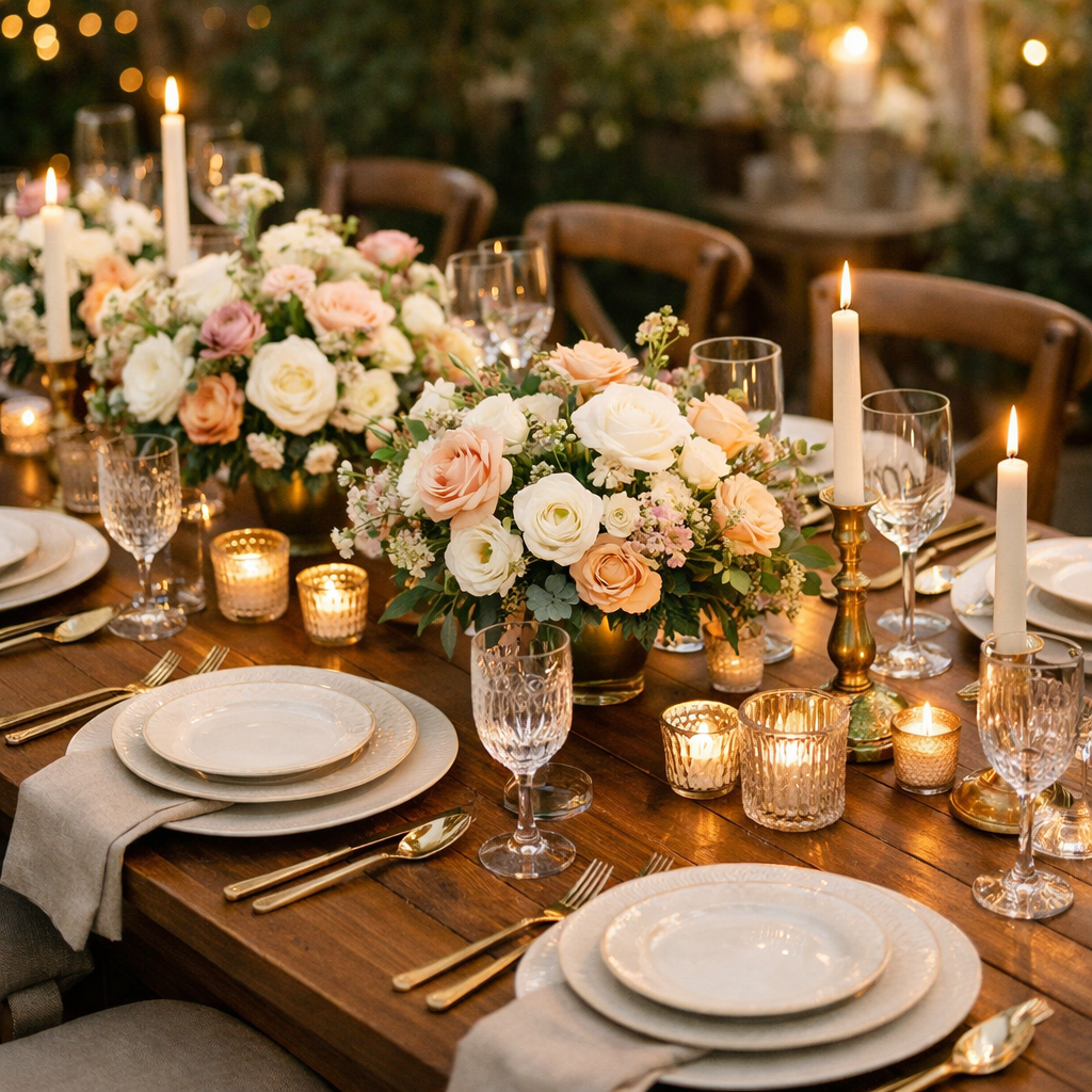 Brown wooden dining table set with flowers, candles, and elegant tableware