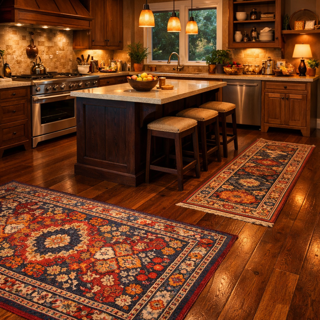 A cozy kitchen with brown wood flooring and colorful area rugs