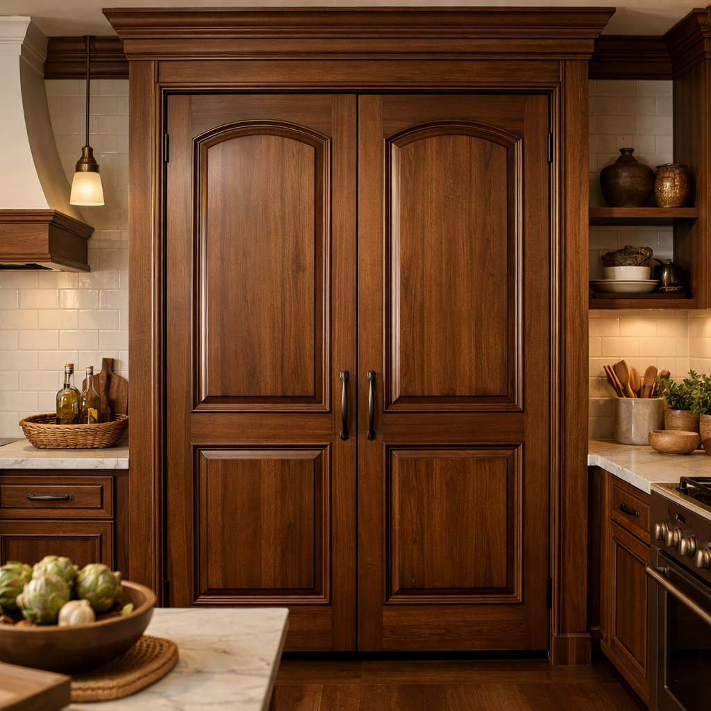 Brown wood pantry doors in a stylish kitchen