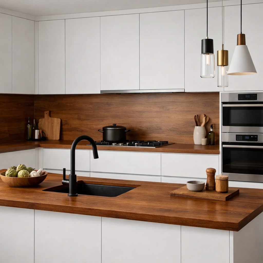 A modern kitchen featuring contrasting white cabinetry and brown wood countertops.