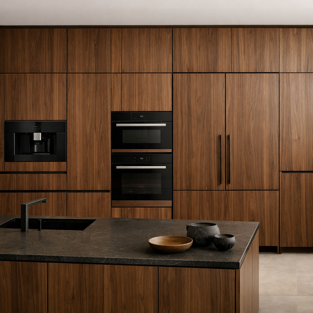 Modern kitchen with integrated brown wood appliances and a dark countertop.