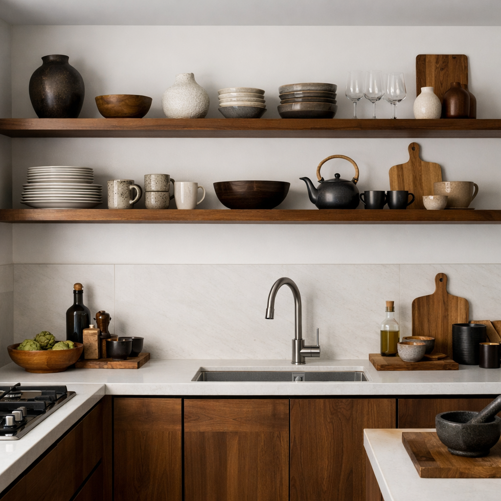 A cozy kitchen featuring open shelving made of brown wood with various dishes, glasses, and decorative items displayed.