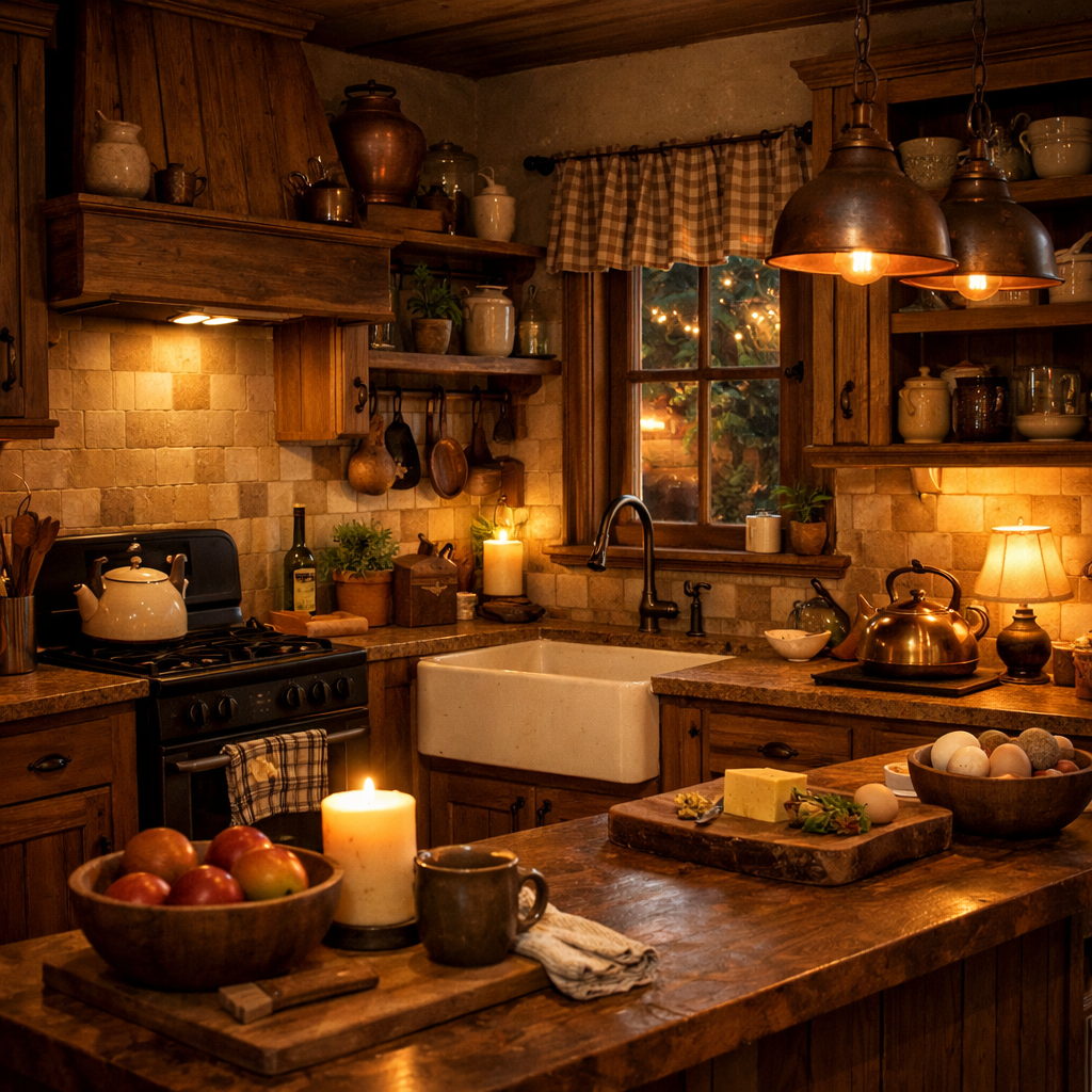 A cozy kitchen featuring rustic brown wood cabinets, warm lighting, and inviting decor.