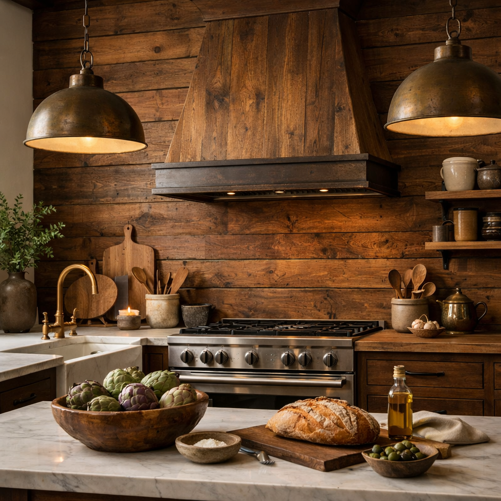 A kitchen featuring a warm brown wood accent wall with rustic elements and modern appliances.