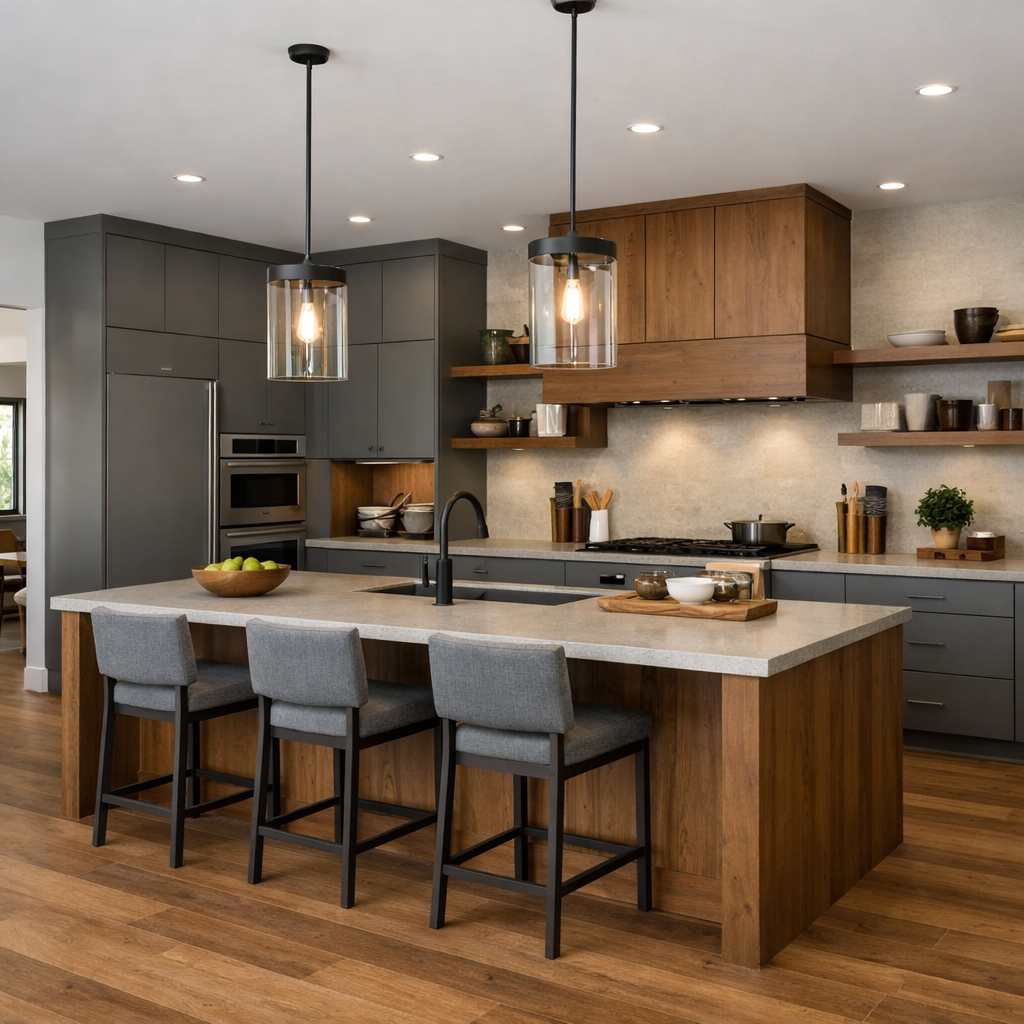 Bright grey and brown kitchen with an open concept layout, featuring wooden accents and elegant lighting.