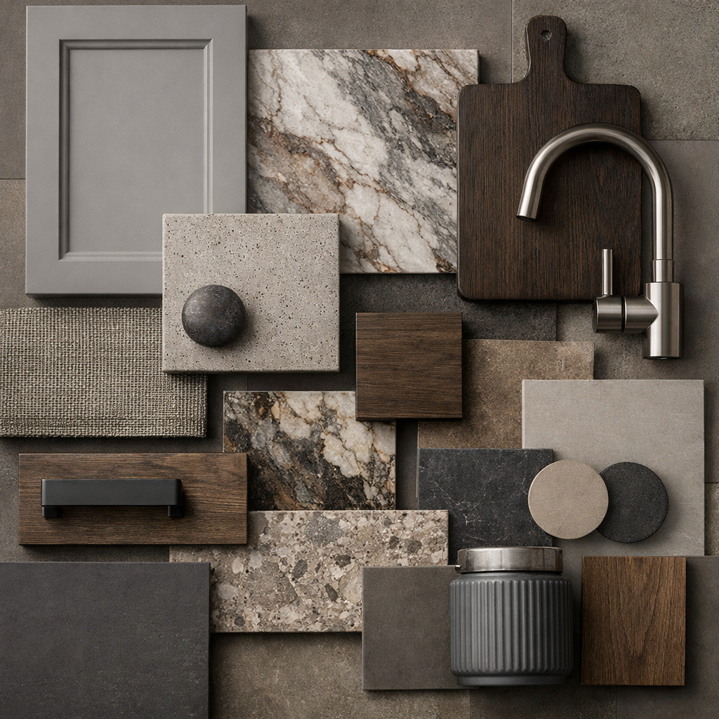 Collection of grey and brown kitchen materials, showcasing various textures, colors, and finishes.