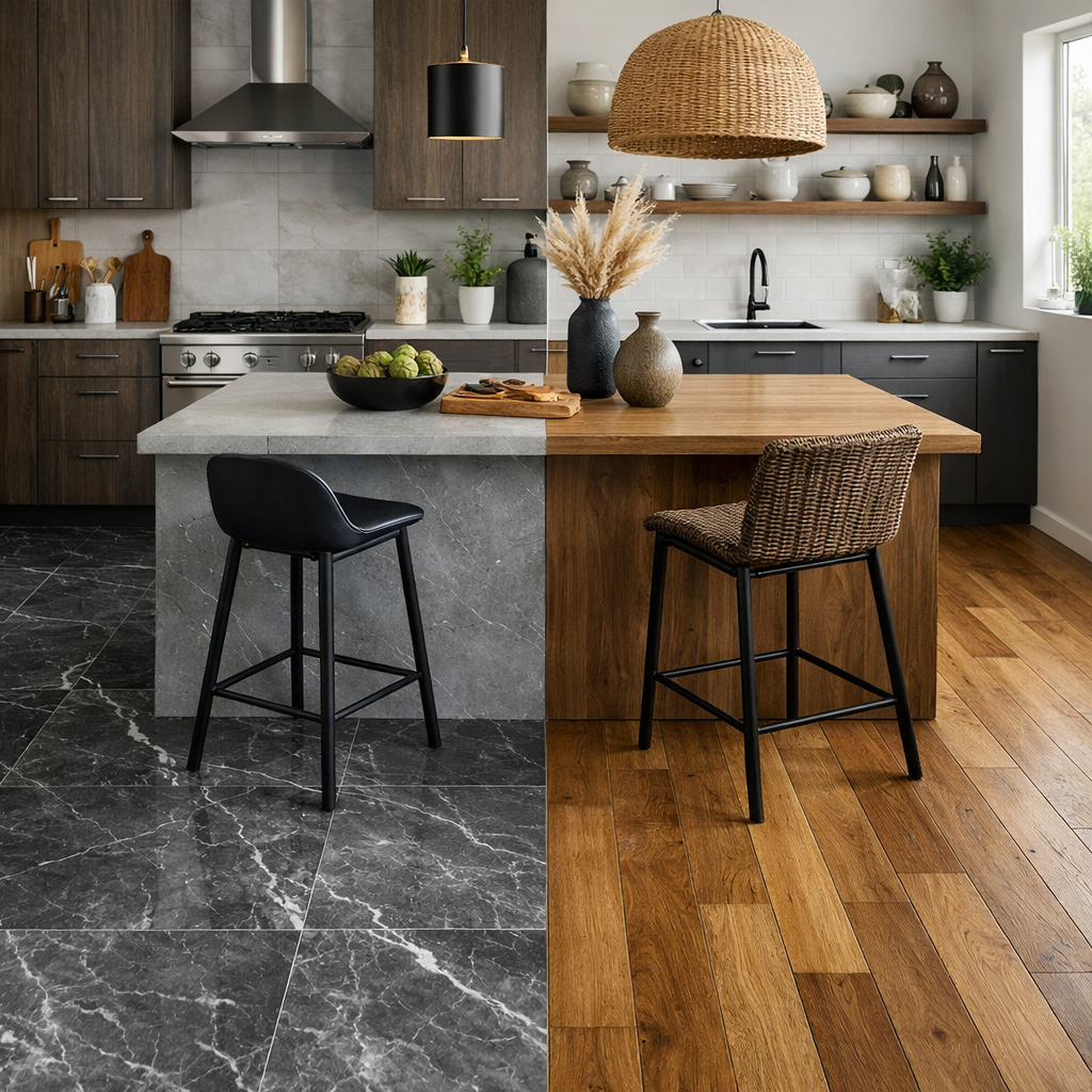 A modern kitchen featuring grey and brown flooring options, with a sleek marble finish and warm wooden planks.