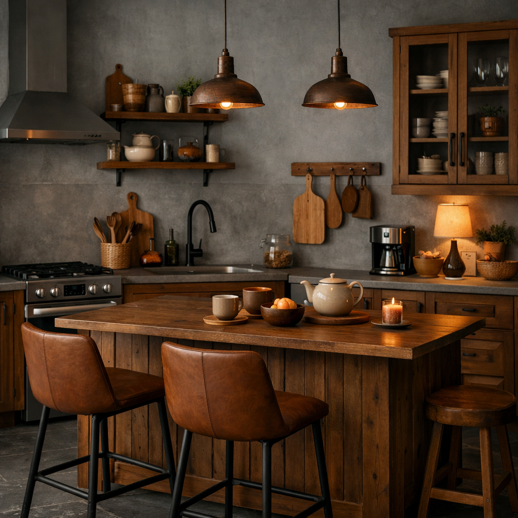 A cozy kitchen featuring brown furniture and grey walls, complete with a wooden island, bar stools, and decorative items.