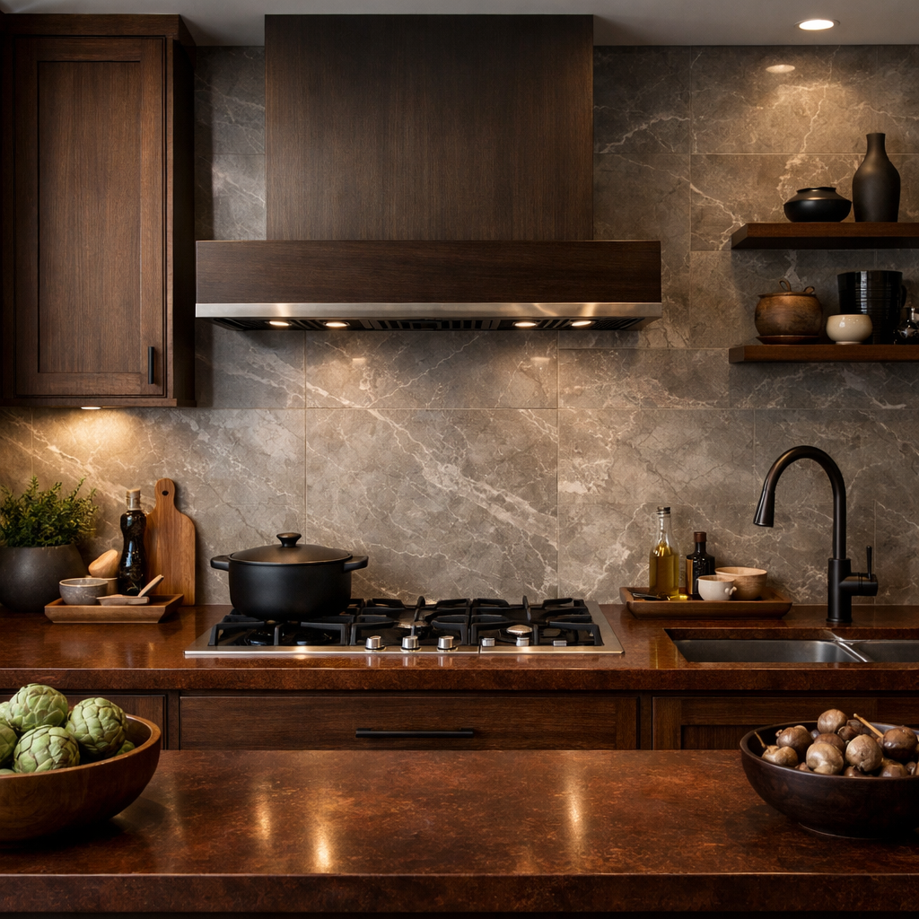 Modern kitchen featuring a stylish grey backsplash with brown countertops, showcasing rich textures and warm lighting.