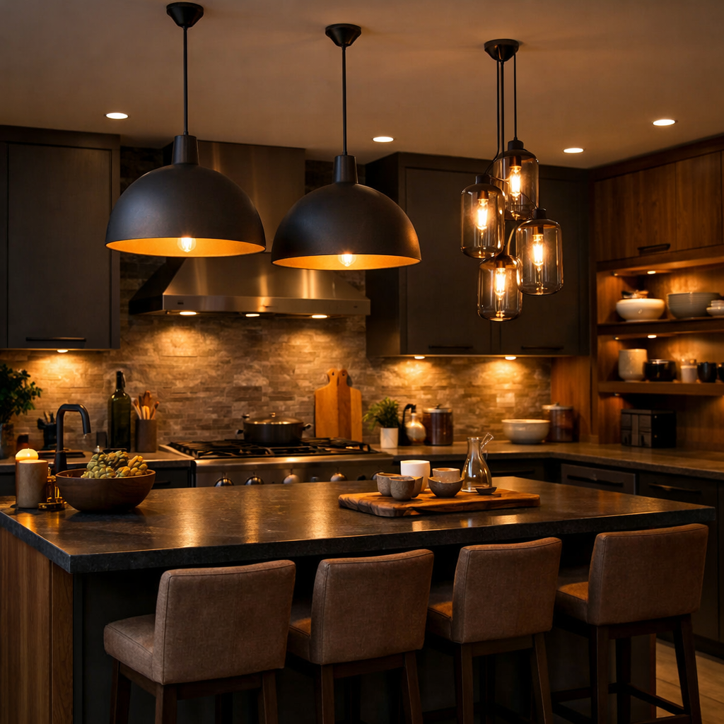 A modern grey and brown kitchen featuring stylish pendant lighting and a warm atmosphere.