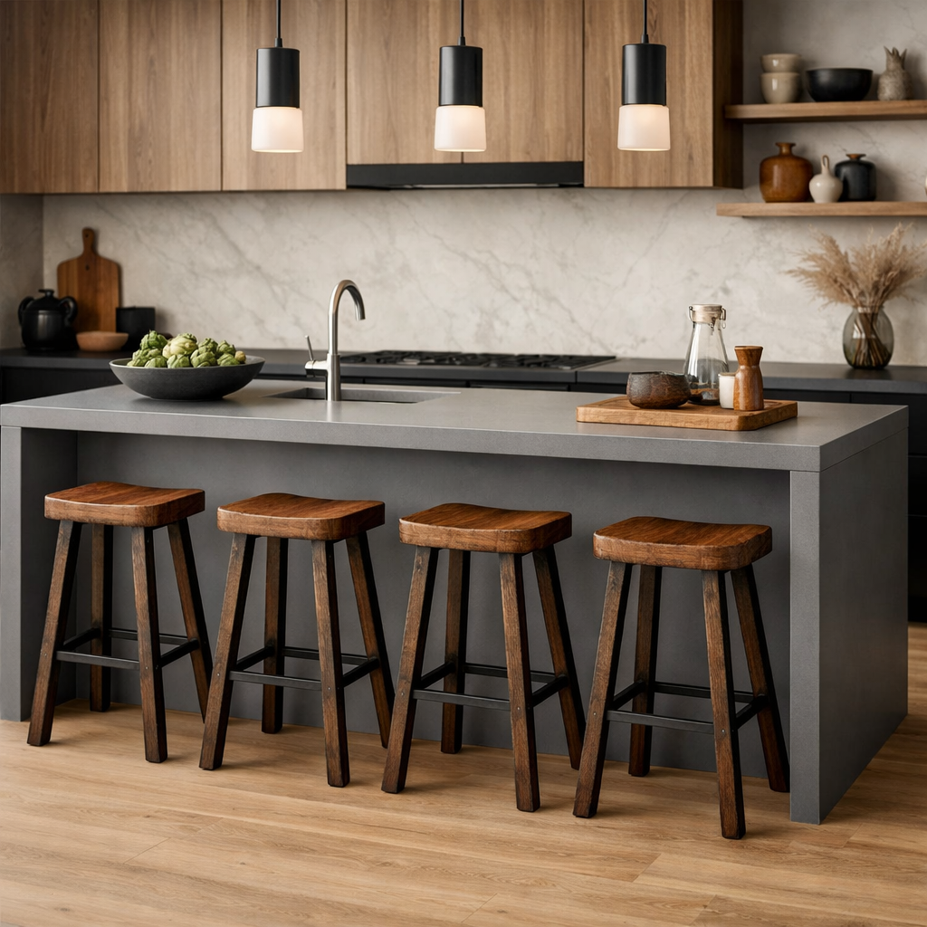 Modern kitchen design featuring a grey island and rustic brown stools.