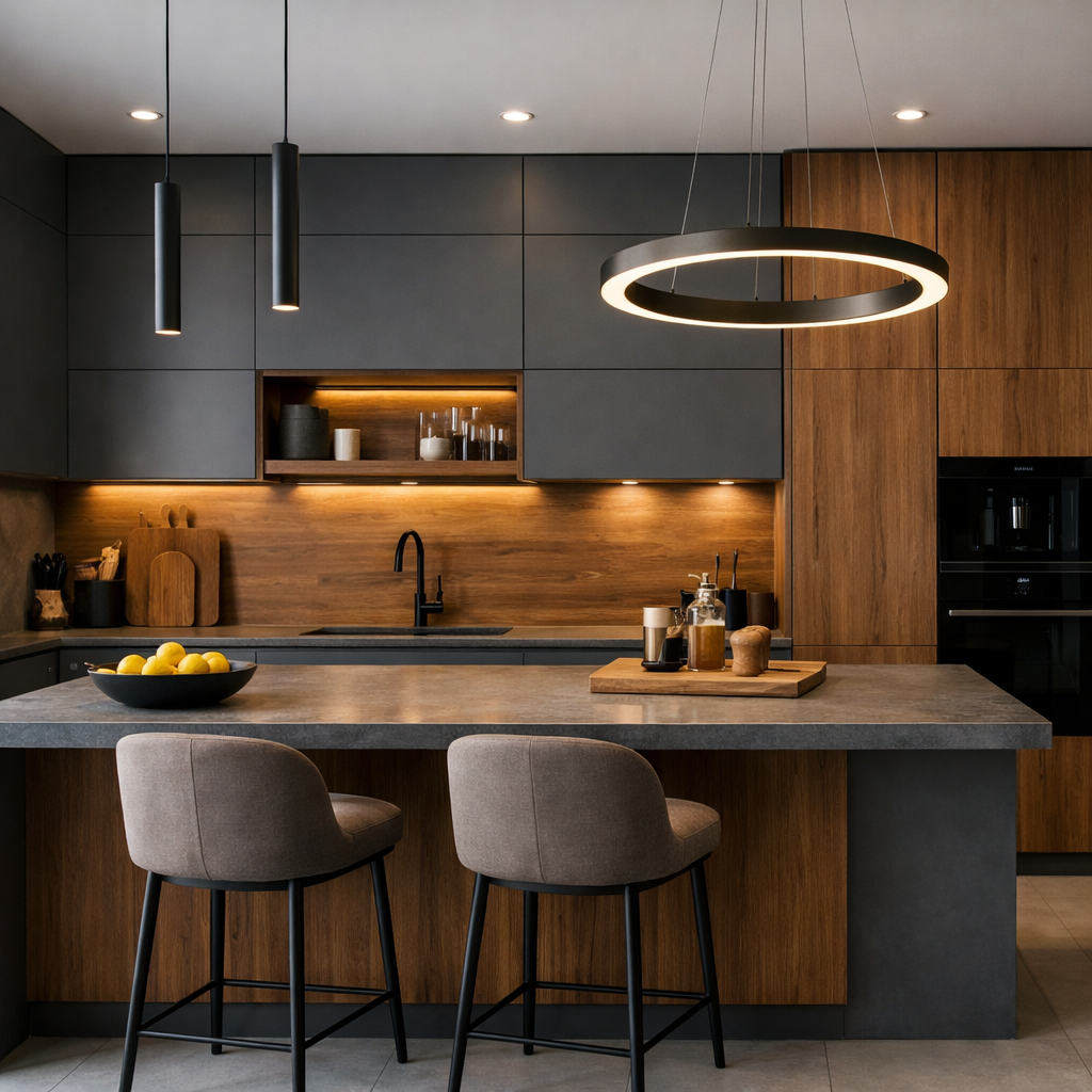 A modern kitchen with grey cabinets and warm wood accents, featuring stylish bar stools and warm lighting.