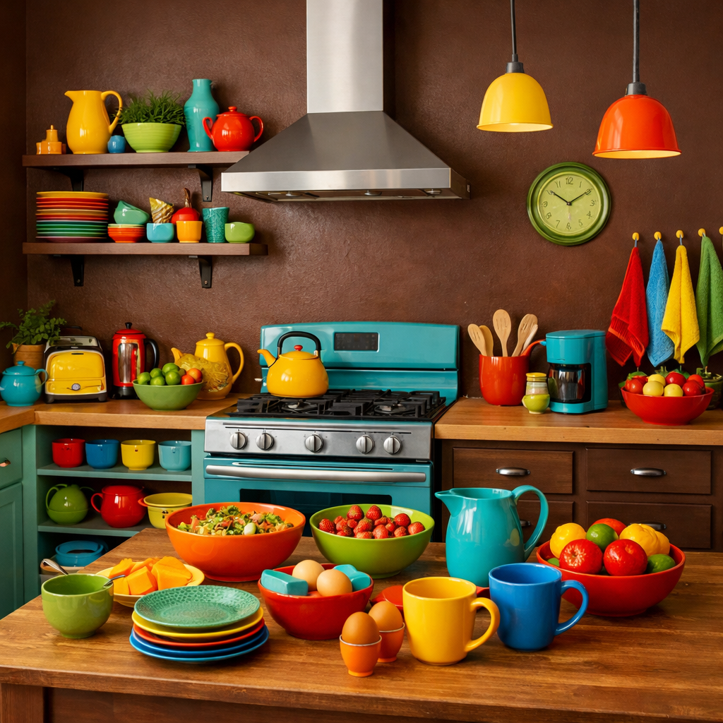 A vibrant kitchen with chocolate brown walls and colorful accents including teal cabinets, red and yellow light fixtures, and various colorful dishes.