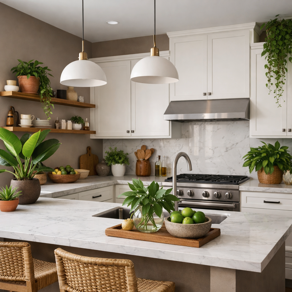 A modern kitchen with earthy taupe walls and white accents, featuring plants and marble countertops.