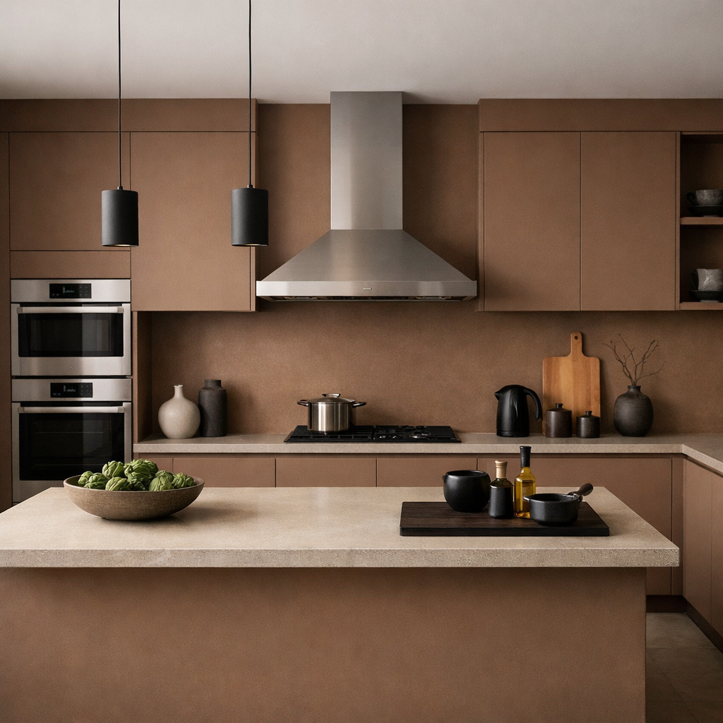 Contemporary kitchen with muted clay brown walls, modern appliances, and minimalist decor.