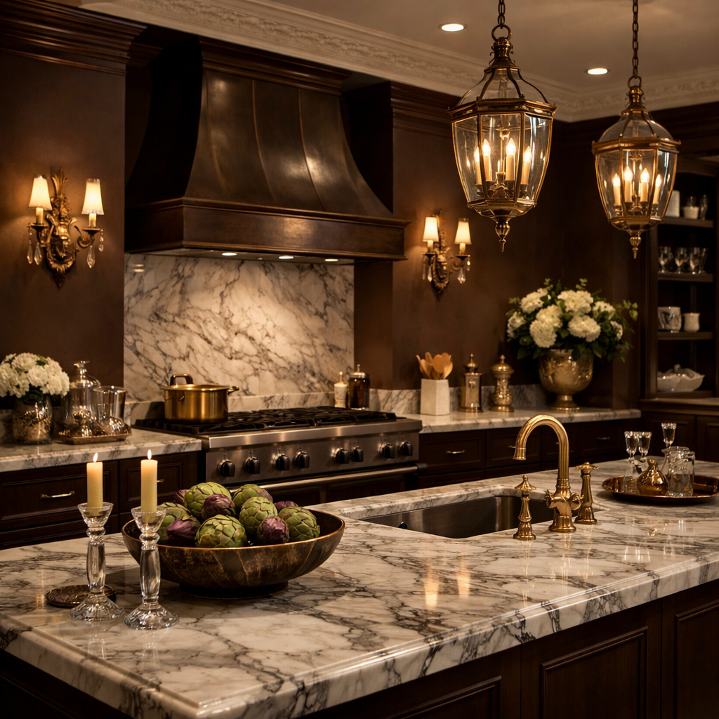 Luxurious kitchen with espresso brown walls, marble countertops, and elegant lighting