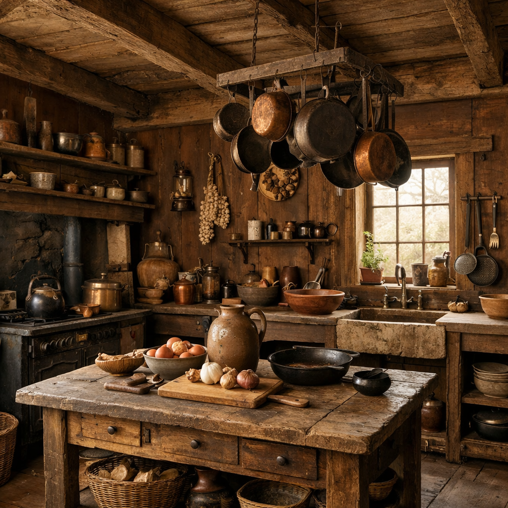 Rustic kitchen with brown walls and vintage cookware