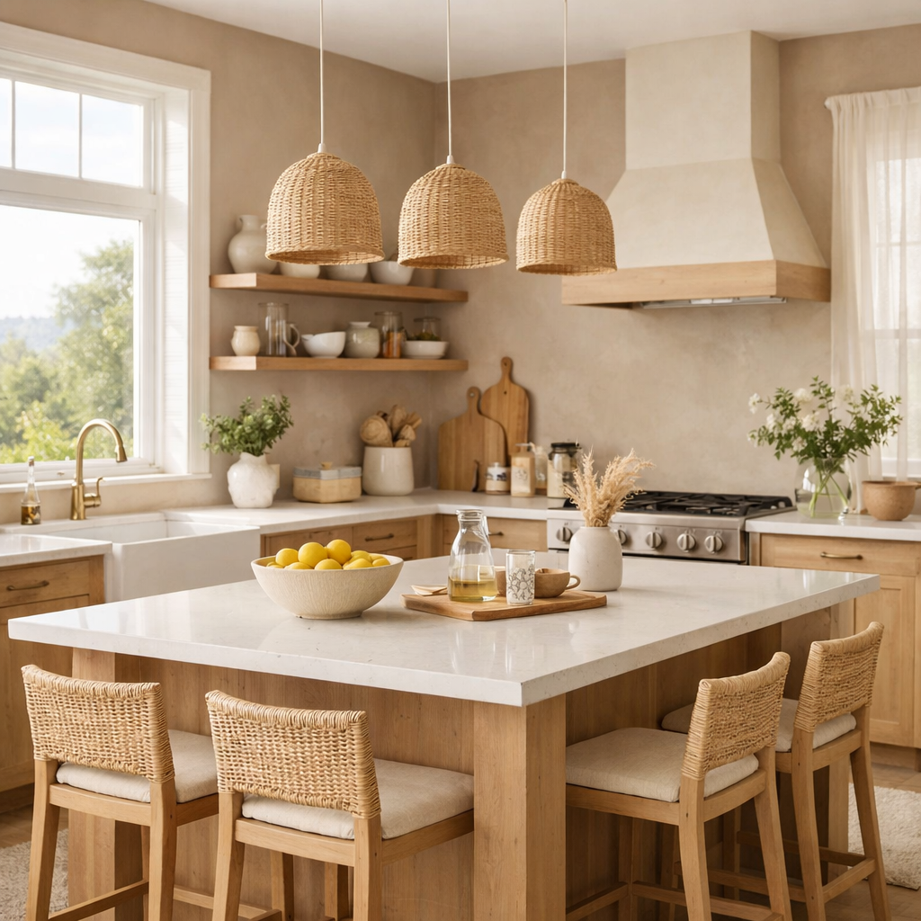 A bright kitchen with soft beige brown walls, natural wood accents, and woven pendant lights.