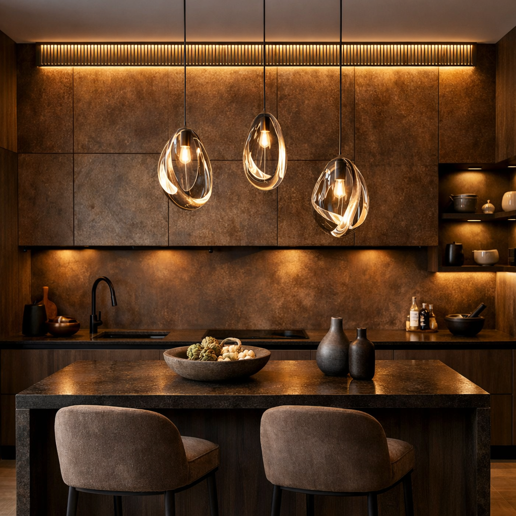 A stylish kitchen featuring textured brown panels, modern lighting, and a sleek countertop.
