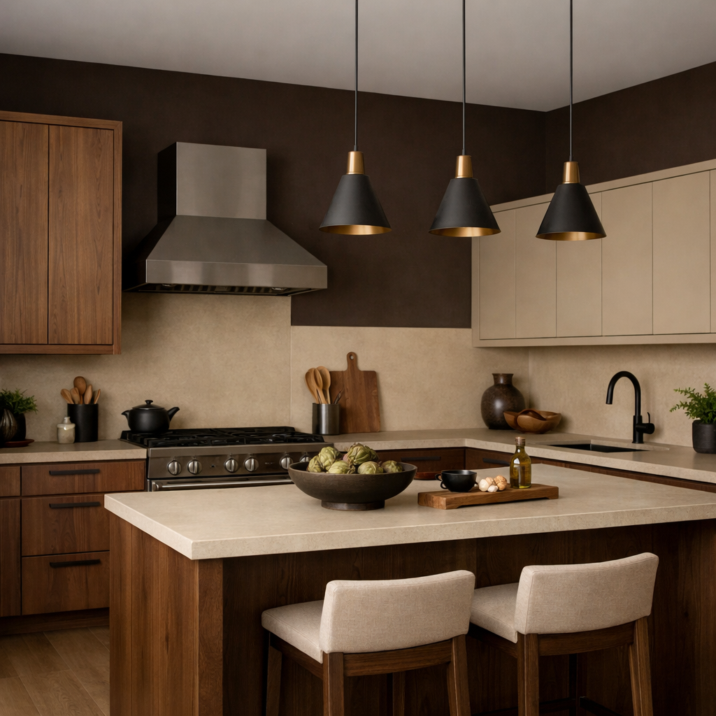 Modern kitchen with two-tone brown walls and a cozy atmosphere.