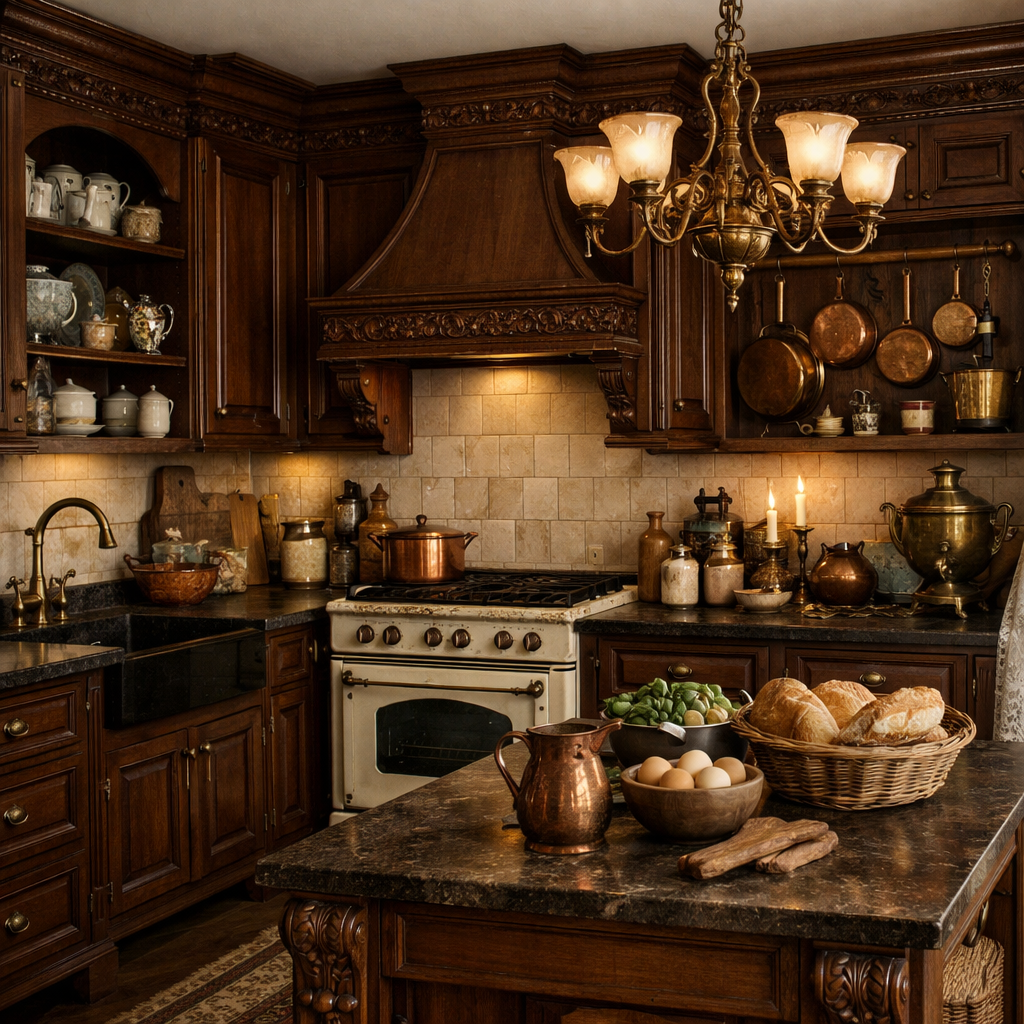 A beautifully designed kitchen featuring dark brown cabinets with intricate detailing, showcasing a warm and inviting atmosphere.