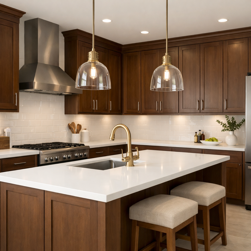 A modern kitchen with brown cabinets and light countertops, featuring stylish lighting and a cozy ambiance.