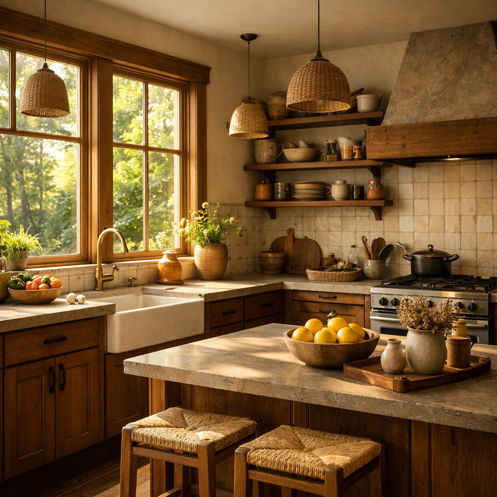 A cozy kitchen with brown cabinets, natural light, and earthy decor.