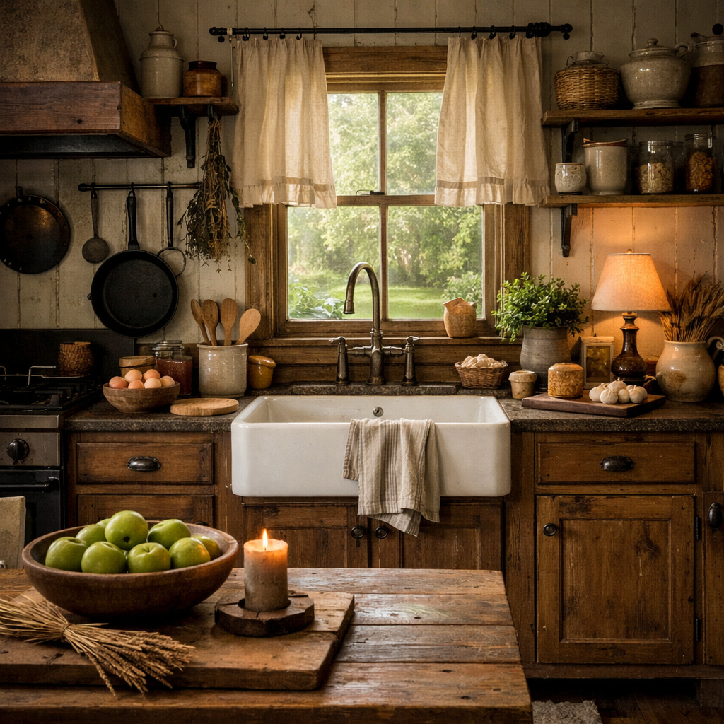 A cozy farmhouse-style kitchen featuring brown distressed cabinets, a white farmhouse sink, and natural decor