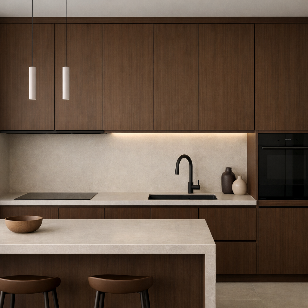 Minimalist brown kitchen cabinets with a light countertop and stylish decor.